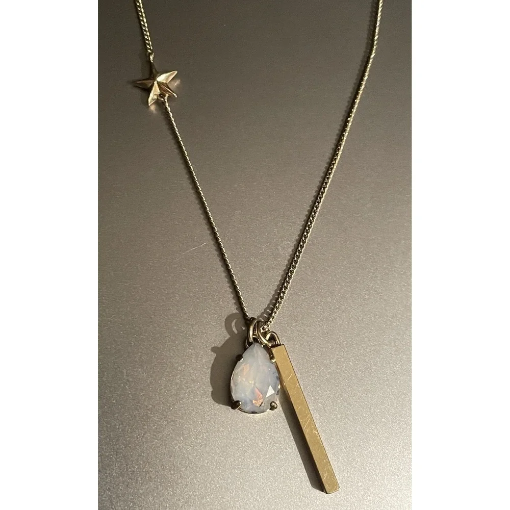 J Crew Long Necklace Rhinestone Bar Charm Star Gold Tone Jewelry - Picture 5 of 13